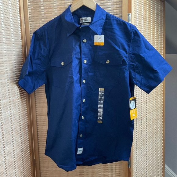 Eddie Bauer Workwear Short Sleeve Shirt Blue Foreman Fit Stain Resistant Size M - Picture 1 of 8